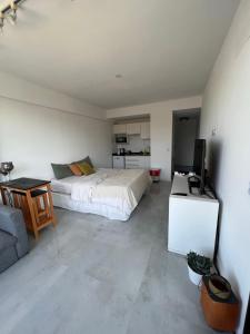 Schlafzimmer mit einem Bett und einem Schreibtisch mit einem TV in der Unterkunft Brickinn in Tigre
