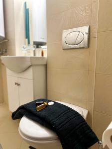 a black towel sitting on a toilet in a bathroom at IZ VIEW Apartment in Bansko +8 photos