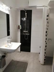 a white bathroom with a sink and a shower at Appartment Graz Zentrum in Graz +36 photos