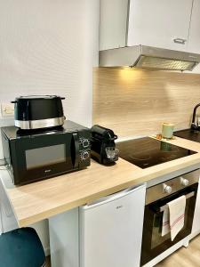 uma cozinha com um micro-ondas no balcão em Le Nid Douillet CENTRE VILLE em Decize