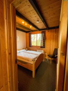 ein Schlafzimmer mit einem Bett in einem Zimmer mit einem Fenster in der Unterkunft Ferienhaus Sinja in Bremke