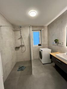 bagno con doccia, lavandino e servizi igienici di Ferienwohnung mit Seeblick - Ossiacher See Gerlitzen a Sattendorf