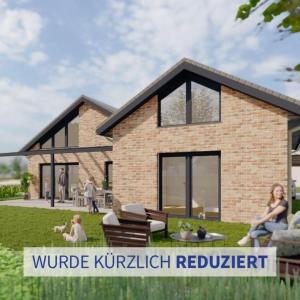 a rendering of a house with people sitting in the yard at Freistehendes Ferienhaus direkt an der Nordsee mit Sauna und Pool! 10 Personen in Sehestedt