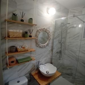 Un baño con ducha, lavabo y espejo. en Harmonyhouse, en Brasov