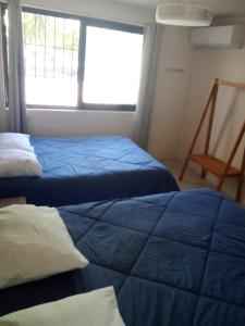 two beds in a room with a window at Naranjo Hostel in Cancún