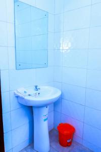 ein Badezimmer mit einem Waschbecken, einem Spiegel und einem roten Eimer in der Unterkunft CALMCORNER HAVEN HOMES, PATRIDE ENTERPRISES in Kisii