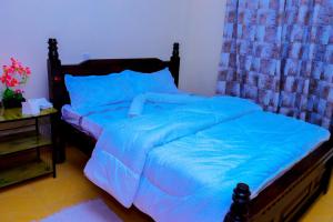 Bett mit blauer Bettdecke und blauen Kissen in der Unterkunft CALMCORNER HAVEN HOMES, PATRIDE ENTERPRISES in Kisii