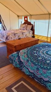 Coldspring的住宿－Khushatta Hills Ranch Glamping - Mom Mollie，一间帐篷内带两张床的卧室