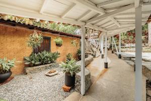 a patio with potted plants and a brick wall at Hotel Quimbaya in San Jerónimo