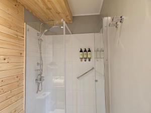 a shower with a glass door in a bathroom at Hotel Bacaris in Puerto Tranquilo