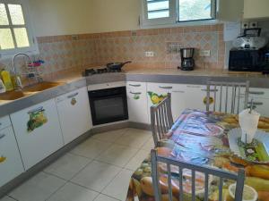uma cozinha com uma mesa, um lavatório, uma mesa e cadeiras em Les Dalhias em Les Anses-dʼArlets