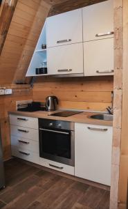 a kitchen with white cabinets and a sink at Owl House Jelovica in Berane