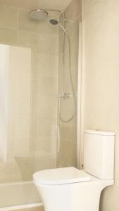 een badkamer met een douche en een wit toilet bij Let’s Go in Oostende
