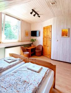 sypialnia z 2 łóżkami, biurkiem i telewizorem w obiekcie Pod Małym Jasłem w Cisnej