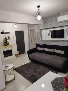 sala de estar con sofá negro y TV en Dream Arena Apartment en Bacău