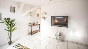 a living room with a tv on a white wall at Smart Confort 13 - Appartement confort et stylé in Troyes