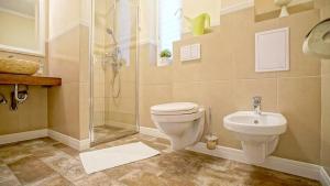 a bathroom with a shower and a toilet and a sink at Central Maximus Apartment in Braşov +27 photos