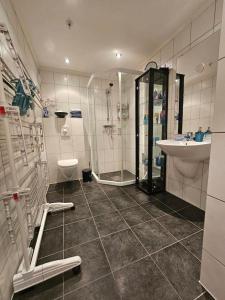 uma casa de banho com um chuveiro, um WC e um lavatório. em Apartment in Sinnes Fjellstua 7 em Sinnes