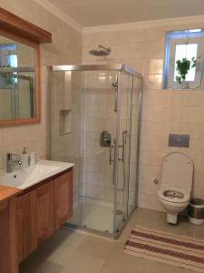 a bathroom with a shower and a toilet and a sink at Sunset House in Selçuk +60 photos