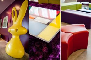 three different views of a yellow vase and a chair at Hotel Da Vinci in Milan