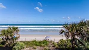 a beach with palm trees and a playground on it at Take in the oceanfront corner views located on the no-drive beach! in New Smyrna Beach