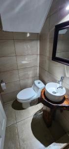 a bathroom with a toilet and a sink at Cabaña Alto del Bosque in Coñaripe