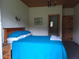 a bedroom with a large blue bed with blue pillows at Ahaura Lodge & Waterwheel Farm Stay in Totara Flat