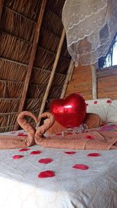 a bed with a heart and red petals on it at Flor da Aldeia Eco Hospedaria in Camaçari