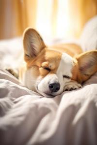 un pequeño perro marrón y blanco durmiendo en una cama en Hampton by Hilton Veracruz Boca Del Rio en Veracruz