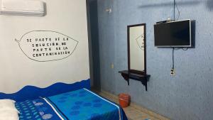 Habitación con cama, espejo y TV. en Hotel Lu'um en Tecolutla