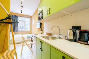 a kitchen with green cabinets and a sink at Studio Flat 6 min to Yedikule Fortress in Fatih in Istanbul
