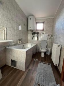 een badkamer met een bad, een toilet en een wastafel bij 9 mezeta in Pirot