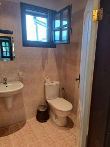 a bathroom with a toilet and a sink and a window at Кедър 5 in Dolna Banya