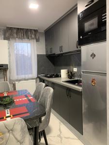 a kitchen with a table with chairs and a refrigerator at Palas Ultraconfort in Iaşi