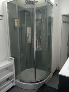 eine Dusche mit Glastür im Bad in der Unterkunft Chez François: appartement 3 chambres 4 personnes in Saint-Avold