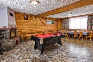 a pool table in a room with a fireplace at Dom Wypoczynkowy GALICA in Poronin