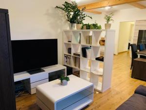 a living room with a tv and a white shelving unit at Ferienwohnung in Aistersheim 