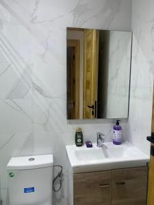 La salle de bains blanche est pourvue de toilettes et d'un miroir. dans l'établissement Résidence BAYTI, à El Jadida