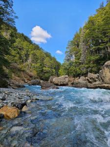 a river with rocks in the middle of a forest at Espacio Aquarel Patagonia in Los Repollos