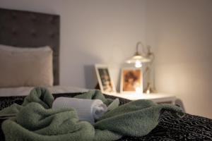 een groene handdoek op een bed met een rol toiletpapier bij Bohémien Apartment in Boedapest +22 foto's