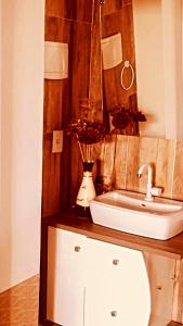 a bathroom with a sink and a vase with flowers at Hospedaria lugar de paz in Balneário Camboriú