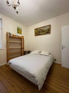 um quarto com uma cama e um lustre em Charming City Home Near Downtown with Garage em Amiens