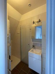 a white bathroom with a sink and a shower at Charming City Home Near Downtown with Garage in Amiens
