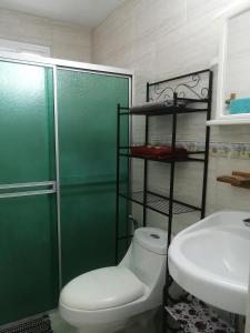 a bathroom with a toilet and a shower and a sink at Cerca del aeropuerto HABITACIÓN INDEPENDIENTE CON BAÑO PRIVADO Área muy tranquila entre chanis y costa del este in Panama City
