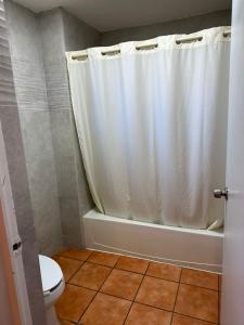 a bathroom with a shower curtain and a toilet at Hotel Colonial de Nogales in Nogales