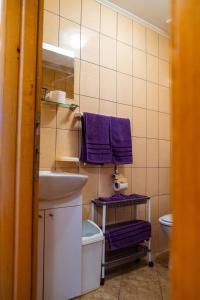 ein Badezimmer mit lila Handtüchern, einem Waschbecken und einem WC in der Unterkunft Guesthouse Nevenko in Kupres