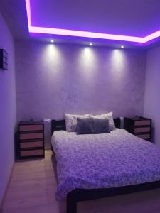 アランジェロヴァツにあるDedin Orahのベッドルーム(紫の毛布付きのベッド1台付)