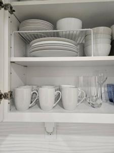 a cupboard filled with plates and cups and dishes at Brooklyn retreat 1 in Brooklyn
