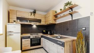 a kitchen with wooden cabinets and a white refrigerator at Apartmán pod Špilberkem in Brno