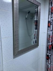 a mirror in a bathroom with a shower at Hamuy's Lodge in Ica